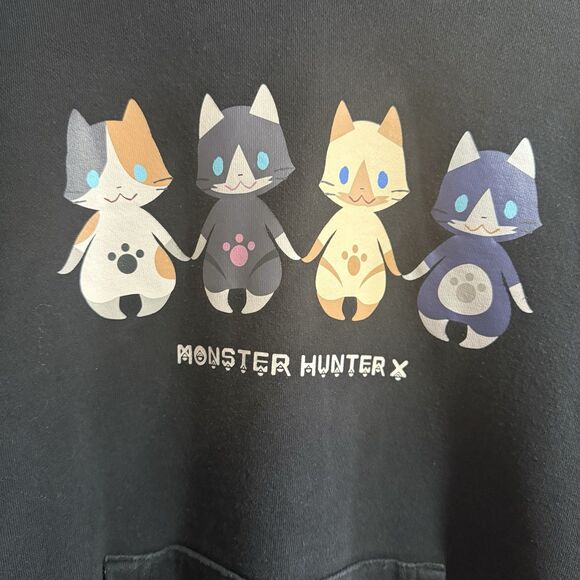 Uniqlo X Monster Hunter Sweatshirt Hoodie Black Large Cat Print Kangaroo Pocket - Picture 2 of 6